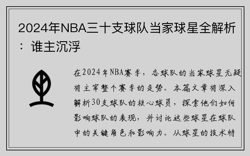 2024年NBA三十支球队当家球星全解析：谁主沉浮